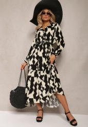 Beżowo-Czarna Koszulowa Sukienka Maxi w Geometryczny Wzór Qerida. Czarne sukienki damskie Renee, bez wzorów, bez ramiączek. W wyprzedaży za 75.99 zł.