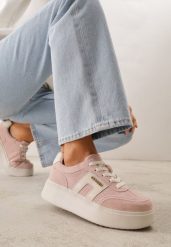 Różowe Perforowane Sneakersy Chunky ze Skóry Naturalnej na Platformie Silvanatea. Czerwone obuwie sportowe damskie Renee, z jeansu, bez zapięcia. Za 179.99 zł.