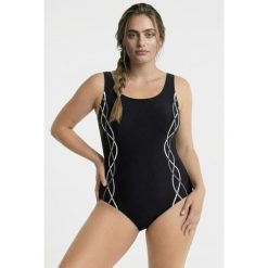 Damskie Strój kąpielowy ozdobne lamówki bez miękkich miseczek okrągły dekolt. Czarne stroje jednoczęściowe Ulla Popken, bez wzorów, z elastanu. Za 139.99 zł.