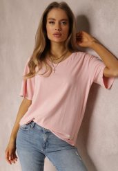 Jasnoróżowy T-shirt Nikoneus. Czerwone t-shirty damskie Renee, plus size, bez wzorów, z dzianiny, bez kołnierzyka. Za 24.99 zł.