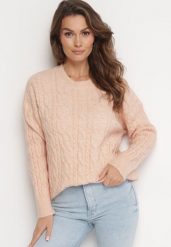 Jasnopomarańczowy Sweter Ozdobiony Klasycznym Splotem Lacemisa. Brązowe swetry klasyczne damskie Born2be, z dzianiny, bez kołnierzyka. Za 84.99 zł.