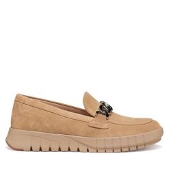 Półbuty Geox. Brązowe półbuty damskie Geox, bez wzorów, bez obcasa, na płaskiej podeszwie, bez zapięcia. Za 459.99 zł.