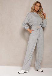 Szary Bawełniany Komplet Bluza Krótka ze Ściągaczem i Szerokie Spodnie ze Sznurkiem w Pasie Rionnea. Szare bluzy damskie Renee, l, bez wzorów, z bawełny, bez kaptura. Za 189.99 zł.