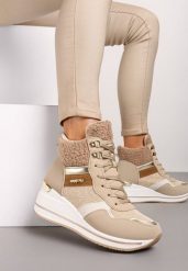 Ciemnobeżowe Streetwearowe Botki na Koturnie z Metalicznymi Wstawkami i Futerkiem Beloraine. Brązowe botki damskie Born2be, z jeansu, eleganckie, bez obcasa, na koturnie, bez zapięcia. Za 109.99 zł.