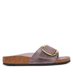 Damskie japonki konturowana wkładka MADRID Big Buckle. Fioletowe klapki damskie Birkenstock, bez wzorów, ze skóry, bez obcasa, bez zapięcia. Za 640.00 zł.