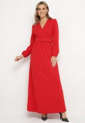 Czerwona Rozkloszowana Sukienka Ozdobiona Paskiem w Talii Felirith. Czerwone sukienki damskie Born2be, bez wzorów, eleganckie, bez ramiączek. W wyprzedaży za 144.49 zł.