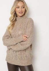 Brązowy Golf w Warkoczykowy Splot z Domieszką Wełny Azunja. Brązowe golfy damskie Born2be, m, z aplikacjami, z dzianiny, bez ramiączek. Za 84.99 zł.
