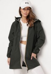 Ciemnozielona Kurtka Wiatrówka na Zamek Błyskawiczny z Kapturem Radisca. Zielone kurtki damskie Born2be, l, bez wzorów, z kapturem. Za 99.99 zł.