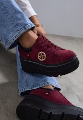 Bordowe Sneakersy Vices na Platformie Ozdobione Metaliczną Aplikacją Tatellia. Czerwone obuwie sportowe damskie Renee, z jeansu, bez zapięcia. Za 129.99 zł.