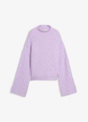 Sweter ze wzorem w warkocze. Fioletowe swetry klasyczne damskie bonprix, bez kołnierzyka. Za 127.99 zł.