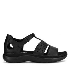 Sandały Rieker. Czarne sandały damskie Rieker, bez wzorów, bez obcasa, na płaskiej podeszwie, bez zapięcia. Za 349.99 zł.