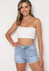 Niebieskie Jeansowe Szorty z Wysokim Stanem i Ozdobnymi Guzikami Jeviana. Niebieskie szorty damskie Born2be, bez wzorów, z denimu, z podwyższonym stanem. Za 74.99 zł.