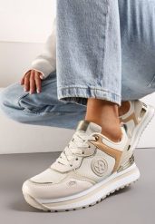 Beżowe Sneakersy na Niskiej Platformie z Metalicznym Paskiem za Kostkę Dapphira. Brązowe obuwie sportowe damskie Renee, z jeansu, za kolano, bez zapięcia. Za 79.99 zł.