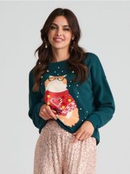 Bluza świąteczna - zielony. Zielone bluzy damskie Sinsay, l, z aplikacjami, bez kaptura. Za 49.99 zł.