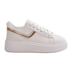 Trampki Sneakersy Damskie Na Platformie Z Eko Skóry Biało-Złote Brennessa białe. Białe trampki damskie bez wzorów, ze skóry, bez zapięcia. Za 115.92 zł.