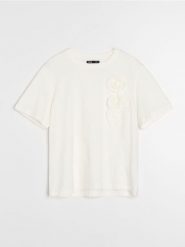 Bawełniana koszulka z aplikacjami 3D - kremowy. Białe koszulki damskie Sinsay, l, z aplikacjami, z bawełny, bez kołnierzyka, bez ramiączek. Za 25.99 zł.