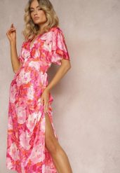 Różowa Satynowa Sukienka z Kopertową Górą Luźnymi Rękawami i Rozkloszowanym Krojem Karlemia. Czerwone sukienki damskie Renee, bez wzorów, z satyny, biznesowe, bez ramiączek. Za 159.99 zł.