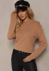 Beżowy Sweter z Półgolfem Wiskozą i Modalem Ozdobiona Guzikami Emmitana. Brązowe swetry klasyczne damskie Renee, l, z jeansu, bez kołnierzyka. Za 69.99 zł.