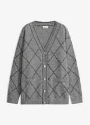 Długi sweter rozpinany, z połyskiem. Szare kardigany damskie bonprix, bez wzorów. Za 169.99 zł.