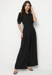 Czarny Taliowany Kombinezon z Ozdobną Klamrą Filateia. Czarne sukienki damskie Born2be, bez wzorów, eleganckie, bez ramiączek. Za 179.99 zł.