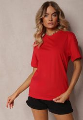 Czerwona Bawełniana Koszulka bez Zdobień Rakilda. Czerwone bluzki damskie Renee, l, z aplikacjami, z bawełny, bez kołnierzyka, bez ramiączek. Za 19.99 zł.