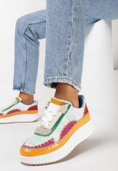 Biało-Zielone Sneakersy z Patchworkową Cholewką i Tłoczoną Platformą Geridia. Białe obuwie sportowe damskie Born2be, bez zapięcia. Za 84.99 zł.