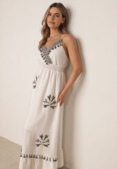 Biała Rozkloszowana Sukienka z Domieszką Lnu na Ramiączkach Ozdobiona Frędzlami Nellerin. Białe sukienki damskie Born2be, bez wzorów, eleganckie, bez ramiączek. Za 149.99 zł.