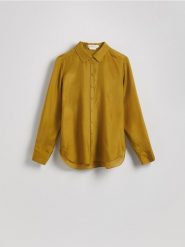 Koszula z jedwabiu - oliwkowy. Zielone koszule damskie Reserved, l, bez wzorów, bez kołnierzyka, bez ramiączek. W wyprzedaży za 179.99 zł.