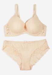 Beżowy Koronkowy Komplet Biustonosz i Majtki Figi w Klasycznym Stylu Ezirene. Brązowe komplety bielizny Renee, z aplikacjami, z jeansu. Za 39.99 zł.