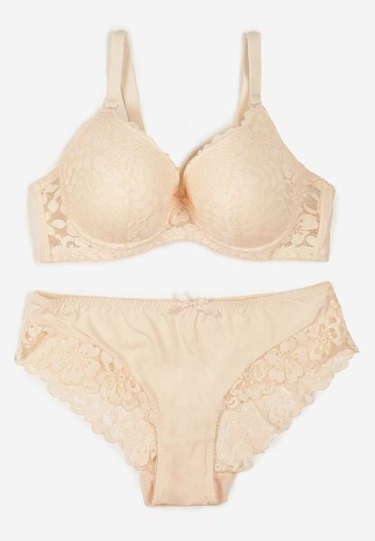 Beżowy Koronkowy Komplet Biustonosz i Majtki Figi w Klasycznym Stylu Ezirene. Brązowe komplety bielizny Renee, z aplikacjami, z jeansu. Za 39.99 zł.