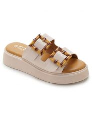 C'M Klapki w kolorze beżowym rozmiar: 38. Brązowe klapki damskie C'M, bez wzorów, z otwartym noskiem, bez obcasa, na platformie, bez zapięcia. Za 140.53 zł.