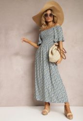 Niebieska Sukienka Hiszpanka z Elastycznym Dekoltem i Rozkloszowanym Dołem z Bawełny Coralinma. Niebieskie sukienki damskie Renee, bez wzorów, z bawełny, eleganckie, bez ramiączek. Za 49.99 zł.