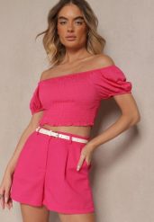 Różowe Szorty z Bawełną High Waist w Klasycznym Stylu Sefore. Czerwone szorty damskie Renee, bez wzorów, z bawełny, z podwyższonym stanem. Za 44.99 zł.