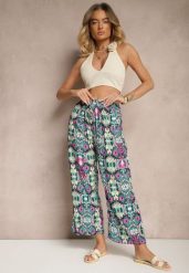 Zielono-Różowe Bawełniane Spodnie High Waist Szerokie we Wzór Boho Tolioria. Zielone spodnie materiałowe damskie Renee, bez wzorów, z bawełny. Za 29.99 zł.