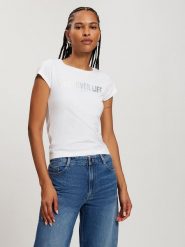 Cross Jeans Koszulka w kolorze białym rozmiar: M. Białe bluzki damskie Cross Jeans, m, bez wzorów, z bawełny, bez kołnierzyka, bez ramiączek. Za 57.06 zł.