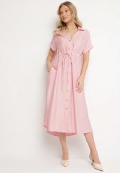 Różowa Sukienka Koszulowa z Wiskozy Wiązana w Pasie Florazi. Czerwone sukienki damskie Born2be, bez wzorów, z wiskozy, eleganckie, bez ramiączek. Za 149.99 zł.