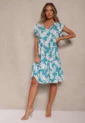 Niebieska Kwiatowa Rozkloszowana Sukienka z Bawełny Liravira. Niebieskie sukienki damskie Renee, bez wzorów, z bawełny, eleganckie, bez ramiączek. W wyprzedaży za 55.99 zł.
