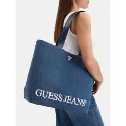 Torebka Guess Jeans. Niebieskie shopper bag Guess Jeans, z aplikacjami, z jeansu, bez dodatków. Za 249.99 zł.