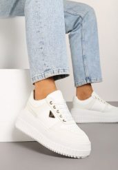 Białe Sznurowane Sneakersy Vices Tłoczonej Platformie Ozdobione Trójkątem Raviri. Białe obuwie sportowe damskie Renee, z jeansu, bez zapięcia. Za 79.99 zł.