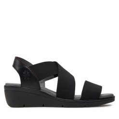 Sandały Fly London. Czarne sandały damskie Fly London, bez wzorów, bez obcasa, na koturnie, bez zapięcia. Za 489.99 zł.