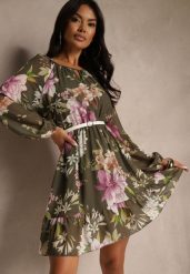 Ciemnozielona Rozkloszowana Sukienka Ozdobiona Kwiatowym Wzorem Zerovia. Zielone sukienki damskie Renee, bez wzorów, z wiskozy, eleganckie, bez ramiączek. Za 109.99 zł.
