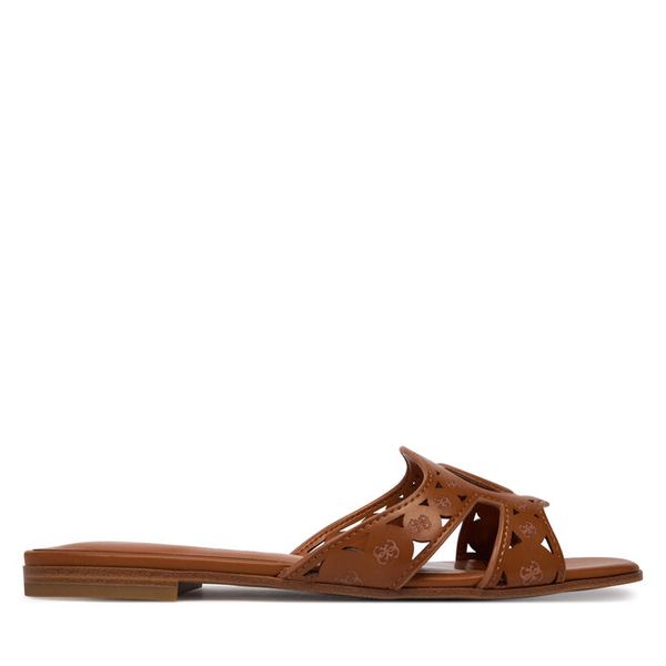 Klapki Guess. Brązowe klapki damskie Guess, z aplikacjami, bez obcasa, bez zapięcia. Za 295.99 zł.