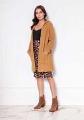 Niezapinany Sweter z Kapturem w Warkocze - Musztardowy. Brązowe kardigany damskie Lanti, l, bez wzorów, z materiału. Za 249.90 zł.