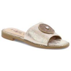 Klapki damskie S. Barski, eleganckie na płaskim obcasie z eko skóry z ozdobą, złote, KV51-013. Żółte klapki damskie S.BARSKI, z aplikacjami, ze skóry, bez obcasa, na płaskiej podeszwie, bez zapięcia. Za 109.00 zł.
