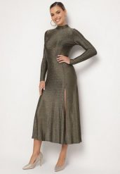 Złota Sukienka z Wiskozą Ozdobiona Brokatem w Eleganckim Stylu Werirra. Żółte sukienki damskie Born2be, z aplikacjami, z wiskozy, eleganckie, bez ramiączek. Za 94.99 zł.