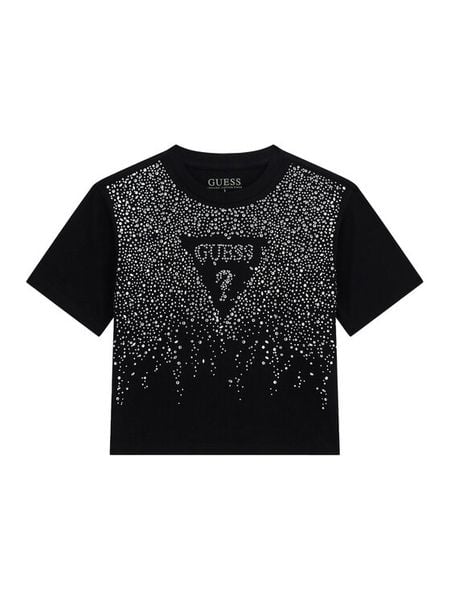 Guess T-Shirt J6RI37 K6YW4 Czarny Regular Fit. Czarne koszulki i t-shirty dziewczęce Guess, z aplikacjami, z bawełny, bez kołnierzyka, bez ramiączek. Za 119.99 zł.