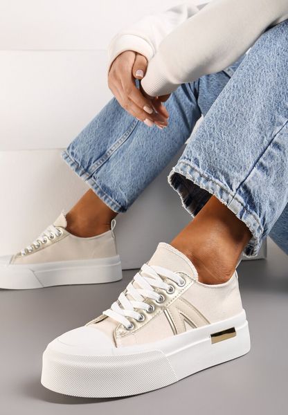 Beżowe Trampki na Grubej Podeszwie Sznurowane Peonema. Brązowe obuwie sportowe damskie Renee, na wiosnę, z jeansu, bez zapięcia. Za 79.99 zł.