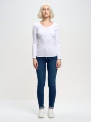Bluzka damska z prążkowanej dzianiny biała Nathalie 101. Białe bluzki damskie Big Star, l, z aplikacjami, z bawełny, retro, bez kołnierzyka, bez ramiączek. Za 119.99 zł.