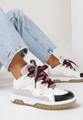 Biało-Czarne Sneakersy z Ozdobnym Sznurowaniem i Brokatem Nevesa. Czarne obuwie sportowe damskie Born2be, bez zapięcia. Za 79.99 zł.