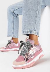 Różowe Sneakersy z Ozdobnym Sznurowaniem i Brokatem Nevesa. Czerwone obuwie sportowe damskie Born2be, bez zapięcia. Za 119.99 zł.